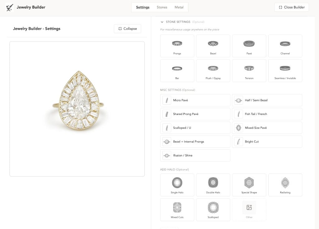 Jewelry Builder — Settings tab on a pear-halo ring