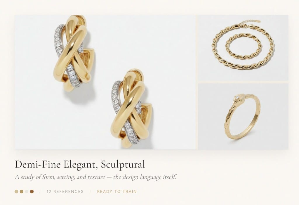 Mood board with sculptural earrings, bracelets and a ring as references
