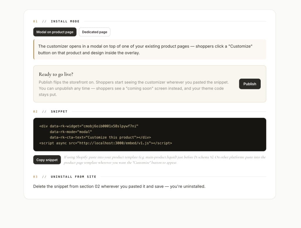 Install panel with copy-paste snippet, install mode, and publish button