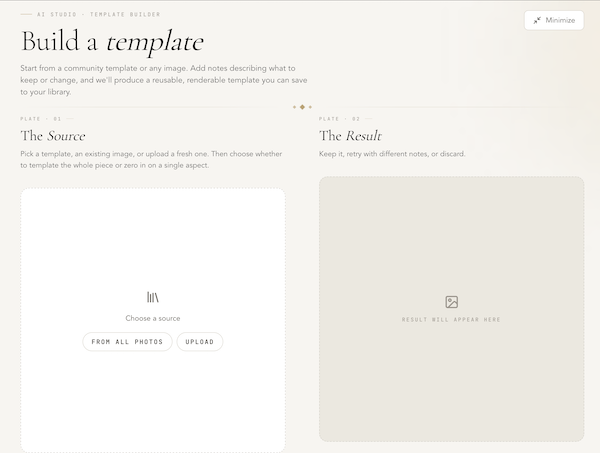 In-app template builder UI — pick a source image and produce a reusable template
