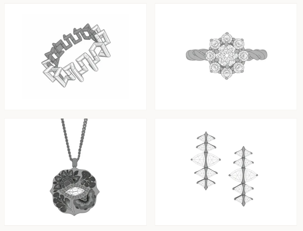 Community-contributed jewelry templates — chain-link ring, floral cluster, eye pendant, drop earrings