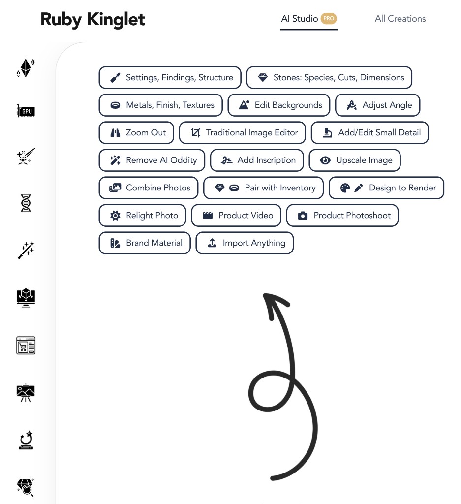 AI Studio task panel — 20+ jewelry-specific tasks: settings, findings, structure, stones, metals, backgrounds, angle, upscale, inscriptions, combine, pair inventory, design to render, relight, product video, brand material, more