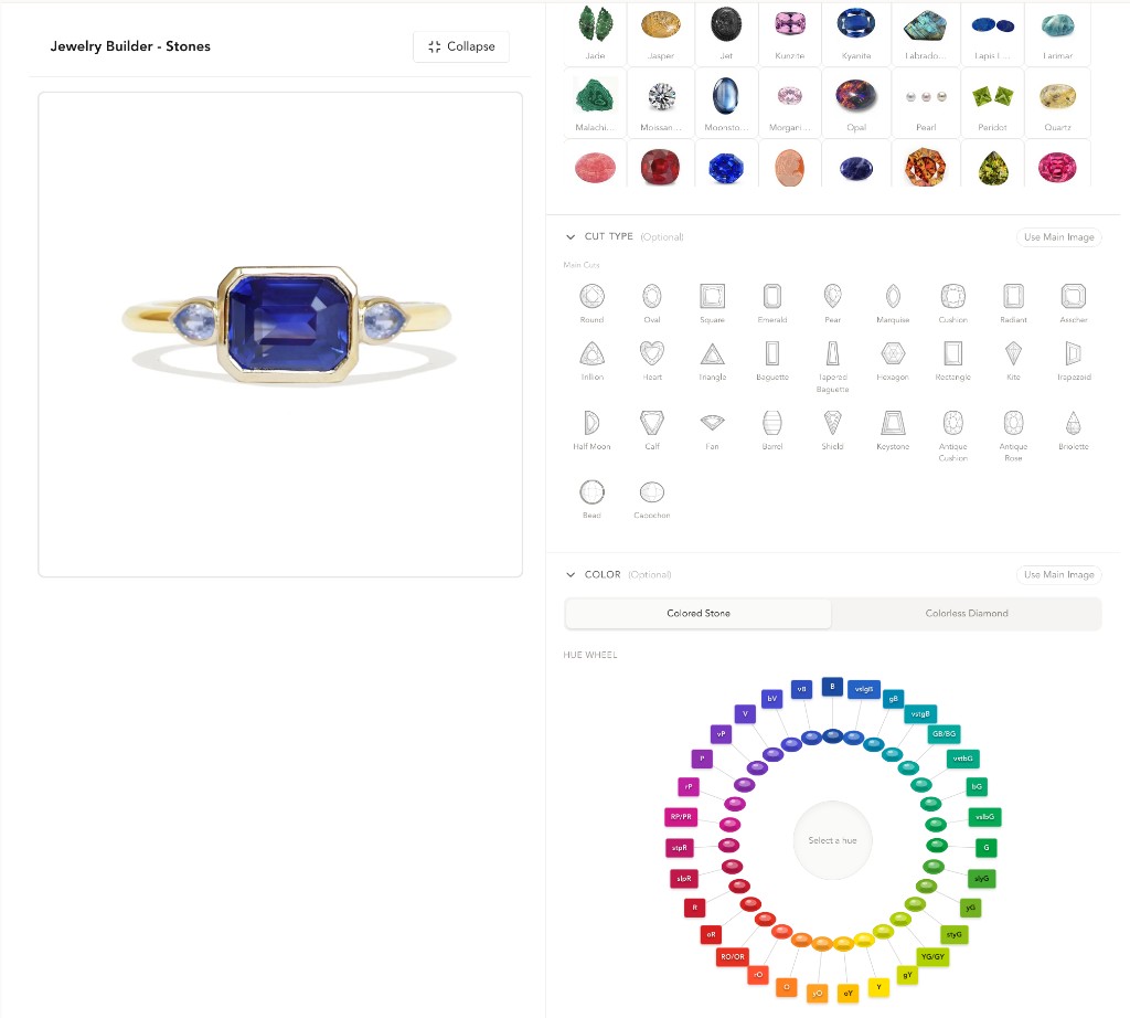 Stones editor — species, cuts, dimensions, hue wheel for color selection