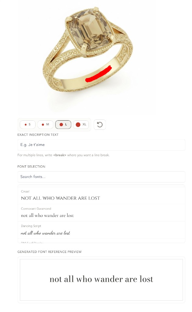 Inscriptions editor — paintbrush mask the area, text size (S/M/L/XL), font search and preview, multi-line support