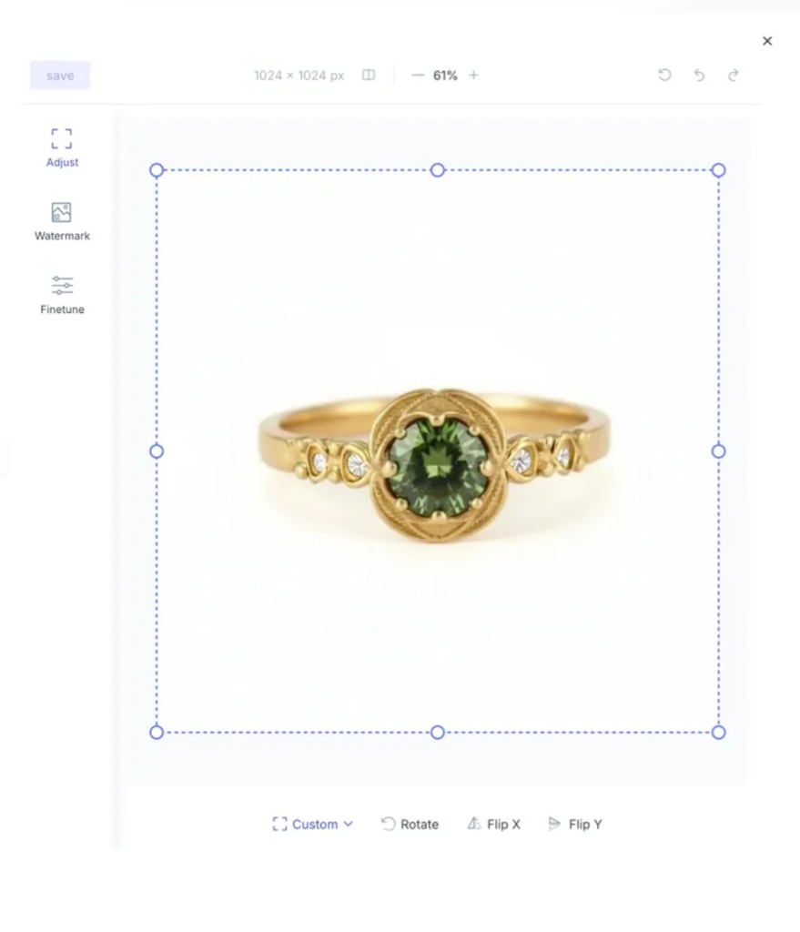 Traditional pixel editor — adjust, watermark, fine-tune, crop, rotate, flip — for fallback raster work
